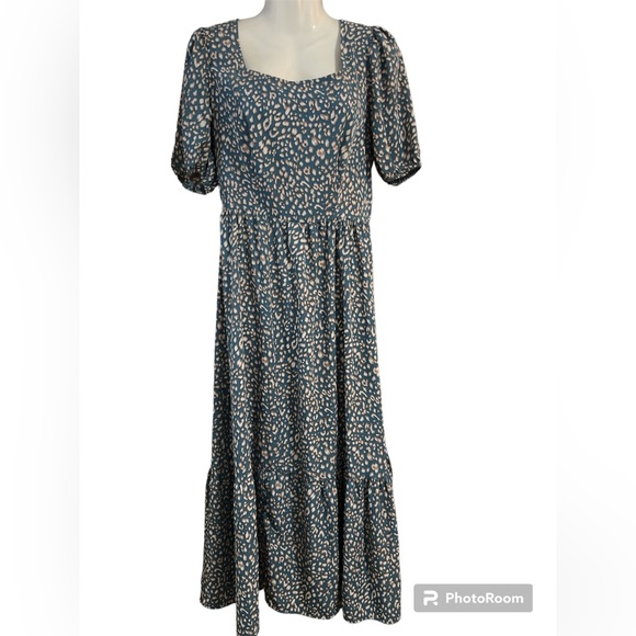 EUC Bohemian Dress Tie-Back Square Neck Puff Sleeve Ruffled Hem Summer Maxi - Picture 1 of 3